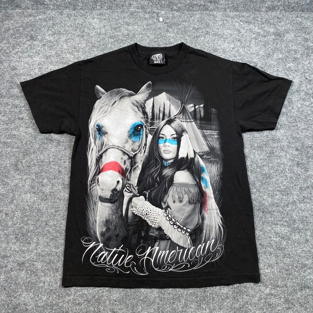 DGA David Gonzales Art Mens Native American Graphic T-Shirt Black Large L Horse